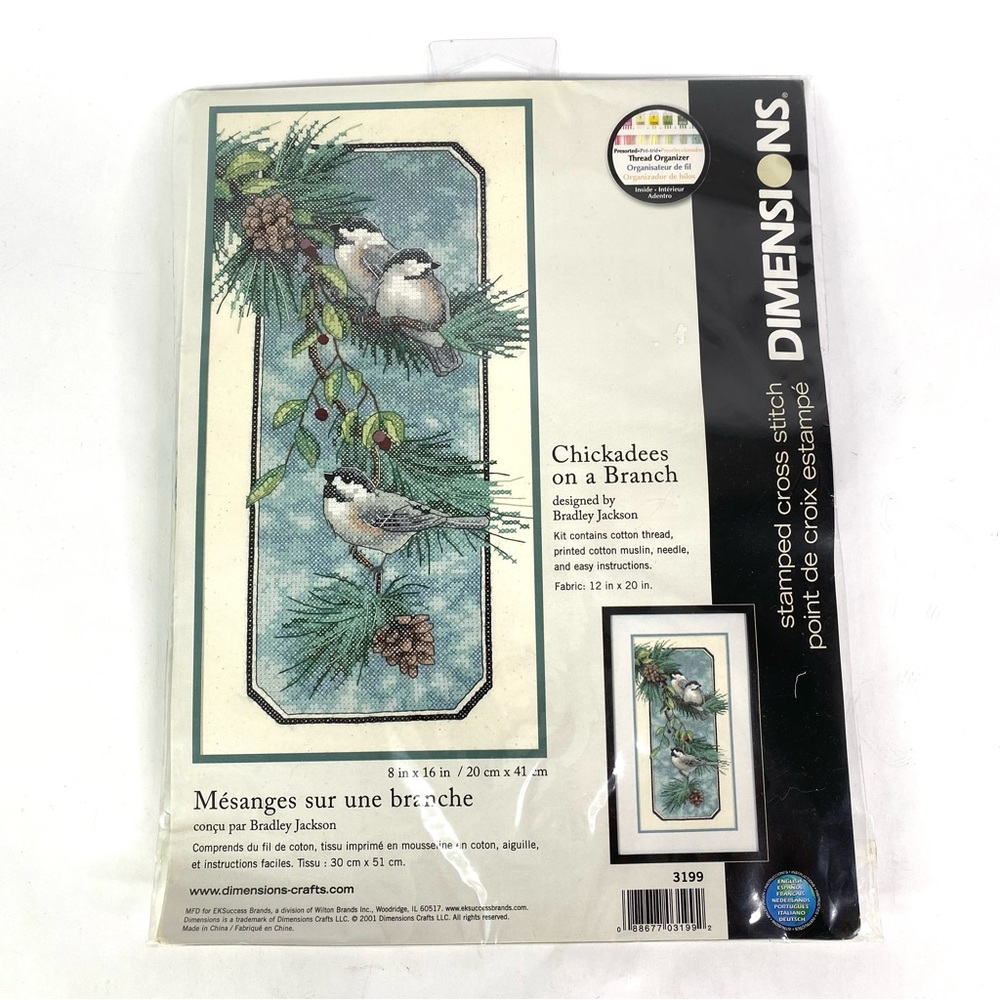 Vintage 2001 Dimensions CHICKADEES ON A BRANCH Stamped Cross Stitch Kit #3199